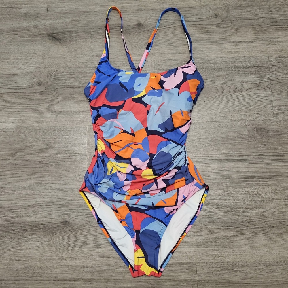 Nautica‎ Womens Abstract Floral Ruched One Piece Swimsuit Blue Orange Large